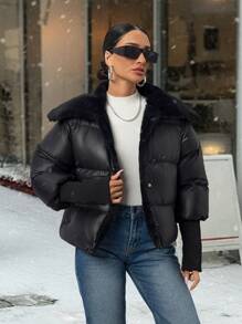 EURMUSE Cappotto imbottito, elegante e caldo, con cappuccio, con accentuazione della vita, con colletto in pelliccia e cintura per l autunno/inverno, con dettagli a costine ai polsini, adatto per le donne - nero - Visualizzare 6