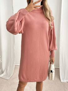 SHEIN LUNE 女士纯色高领灯笼袖宽松休闲毛衣连衣裙，秋冬 - 粉色 - 查看 5