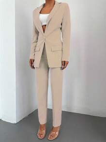EURMUSE Solid Blazer & Slant Pocket Belted Suit Pants - Beige - View 2