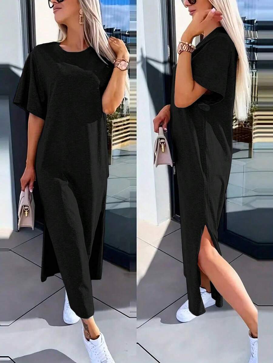 INAWLY Solva Women's Solid Color Round Neck Short Sleeve Casual Minimalist Mini Dress - Black - View 1