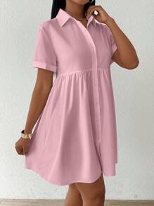 SHEIN Unity Women Fashion Solid Color Short Sleeve Shirt Peplum Top - Dusty Pink - View 1