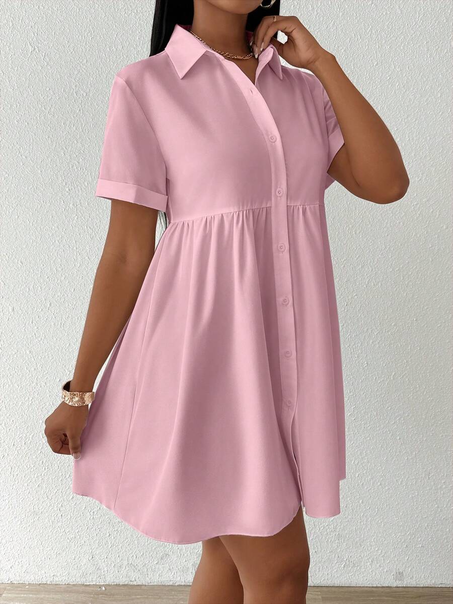 SHEIN Unity Women Fashion Solid Color Short Sleeve Shirt Peplum Top - Dusty Pink - View 1