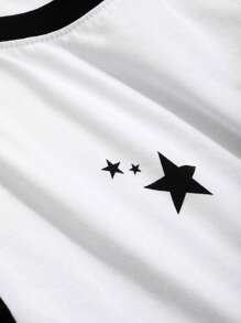 DAZY 女士对比色圆领修身五角星 T 恤 Y2k 节 - 黑與白 - 查看 6
