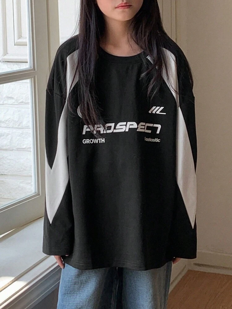 Tween Girl Color-Block Letter Graphic Round Neck T-Shirt