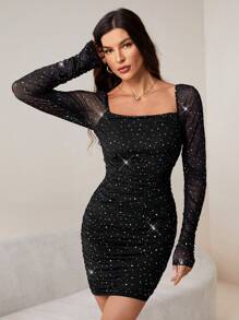 SHEIN Tall Women's Square Neck Gathered Glittery Long Sleeve Mini Dress - Black - View 4