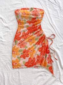 Soleia 女士度假橙色和红色扎染花卉印花弹力网眼面料不对称下摆抽绳紧身夏季单身派对连衣裙 - 彩色 - 查看 3