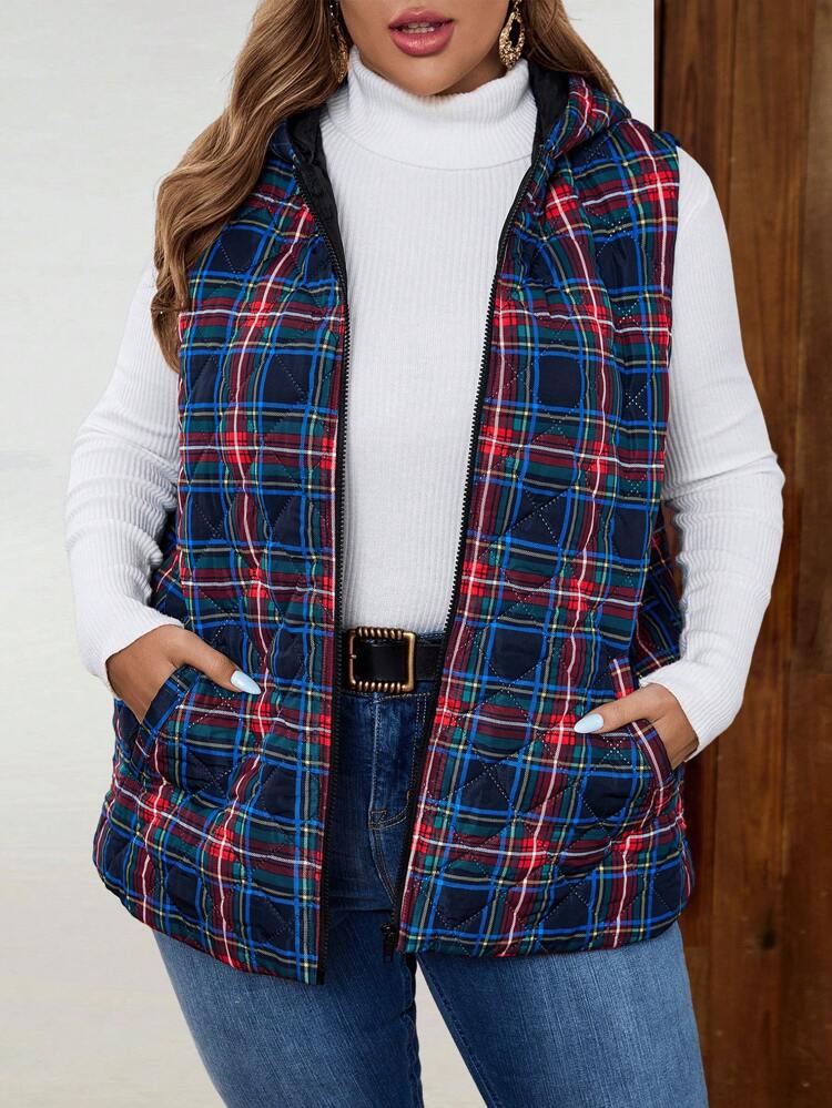 Plus Size Women Plaid Print Sleeveless Casual Padded Coat