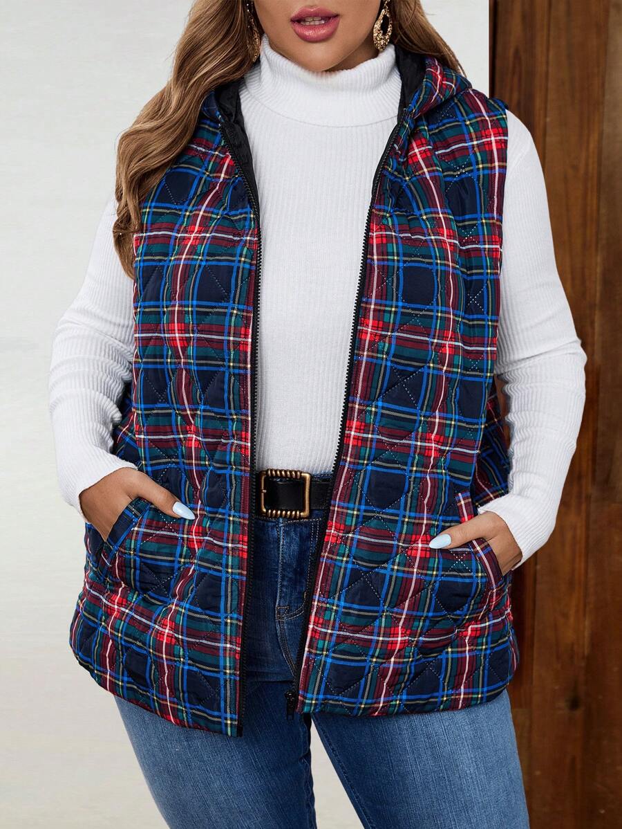 EMERY ROSE Cappotto imbottito casual senza maniche a stampa quadrettata per donne taglie comode