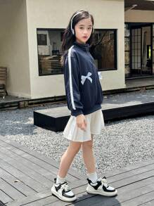 SHEIN Tween 女童海军蓝色半拉链运动衫，罗纹袖口和宽松白色 A 字裙两件套 - 藏蓝色 - 查看 4