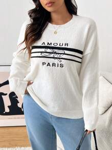 SHEIN Frenchy Suéter holgado de talla grande con bordado y lazo, otoño e invierno
