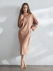 Ocili 女士纯色长袖宽松家居服连衣裙 - 棕色 - 查看 1