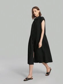 Ontre 2026SS New Elegant Solid Color Cinched Waist Button Down Dress, Versatile Dress For Women, Suitable For Outings, Business Casual, Vacation, Beach, Birthday Party, Teacher Uniform, Office Wear - Black - View 2