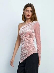 Maija Women's Asymmetrical Neckline Ruched Fitted Velvet Blouse Top , Autumn - Dusty Pink - View 5