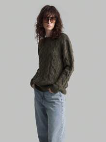 Ontre Jersey de cuello redondo de punto trenzado de color verde oliva para mujer, uniforme escolar de otoño/invierno - Verde Oliva - Ver 6