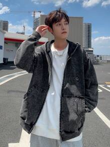 Manfinity Hypemode Áo khoác denim trùm đầu bằng vải nỉ màu xám dành cho nam - Màu xám đen - Xem 6