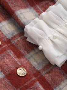 DAZY Chaqueta corta de manga larga con parches de encaje a cuadros para mujer, con volantes, ropa de otoño, ropa de vuelta al colegio