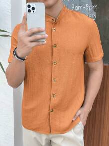 Manfinity VCAY Men's Solid Color Button Front Short Sleeve Casual Top