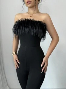 Chiquease Mono negro elegante sin tirantes con pelaje para mujer, para fiesta - Negro - Ver 5