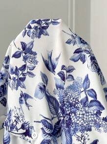 Celure 大码蓝白印花休闲 V 领长袖衬衫 - 藍白色 - 查看 3