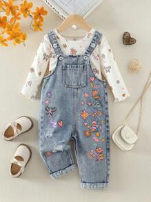 SHEIN 新生女婴蝴蝶碎花 T 恤和牛仔背带裤 2 件套服装，休闲时尚，适合秋冬季 - 彩色 - 查看 1