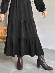 FRIFUL Women's Plain Crew Neck Long Sleeve Pleated Simple Casual Dress,Ruffle,Fall Clothes Maxi Dress - Black - View 6