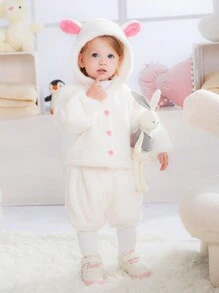 Baby Girls Cute Rabbit Ear Hooded Pullover And Ruffle Shorts 2pcs Set, Warm Winter Outfit - White - View 1
