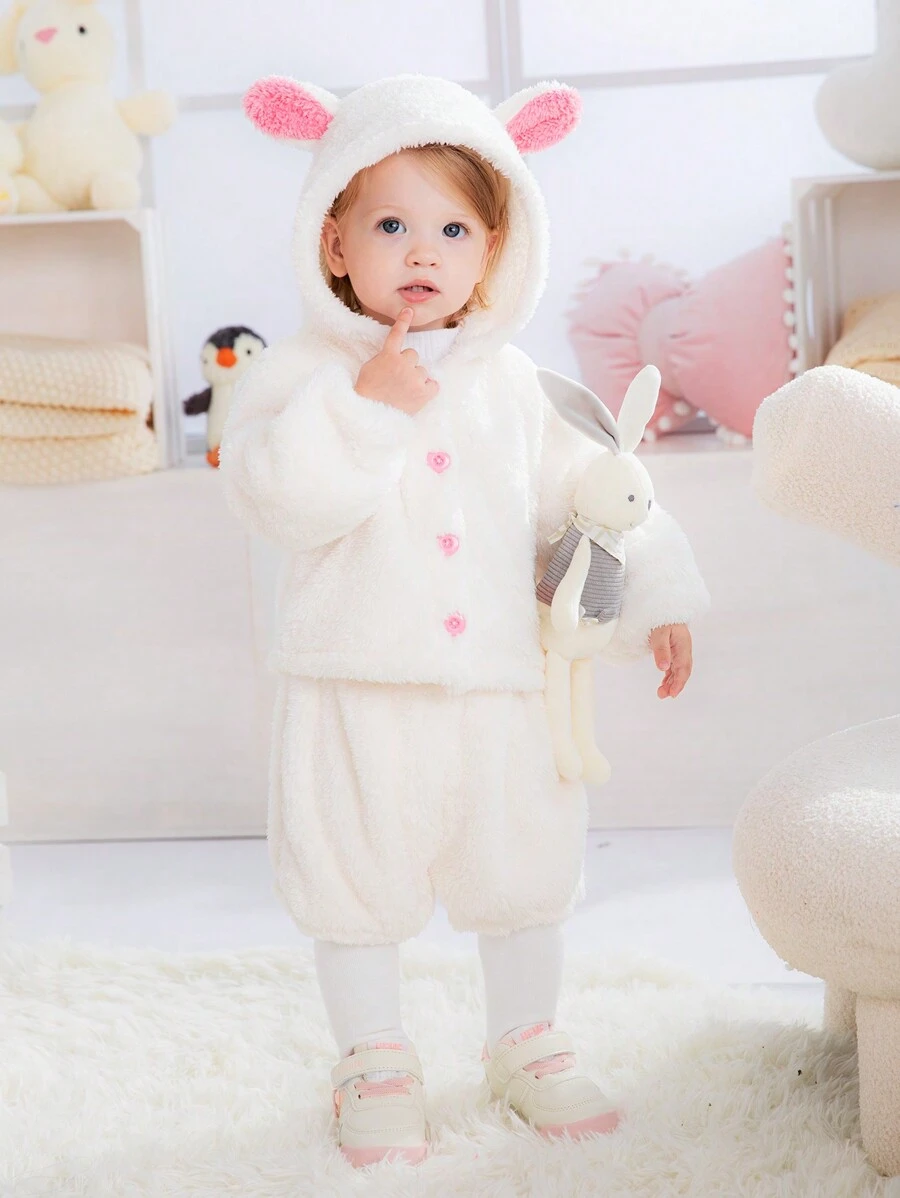 Baby Girls Cute Rabbit Ear Hooded Pullover And Ruffle Shorts 2pcs Set, Warm Winter Outfit - White - View 1