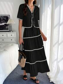 Calvaya 2 piezas Conjunto de blusa y falda con mangas cortas, decorado con adornos florales, elegante para mujeres