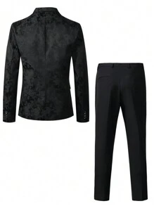 Manfinity AFTRDRK 男士纯色提花西装套装（上衣+裤子） - 黑色 - 查看 2