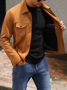 Manfinity Homme Chaqueta simple de manga larga de botones de unicolor para hombre, uso casual de todos los días