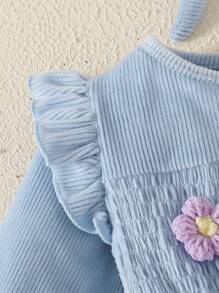 Infant Girls' Blue Floral Pattern Knitted Bodysuit, Autumn/Winter - Blue - View 3