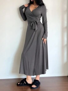 DAZY 针织前系带腰部收腰休闲连衣裙 - 黑色 - 查看 3