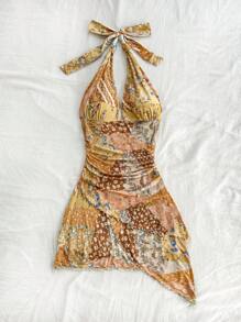 Soleia Đầm mini thường ngày cổ chữ V thắt eo xếp nếp bất đối xứng cho nữ - Nhiều màu - Xem 5