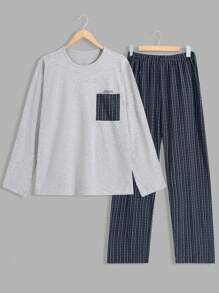 RueChic Men Stripe Printed With Pocket Regular Longsleeve Homewear Set - Black - View 1