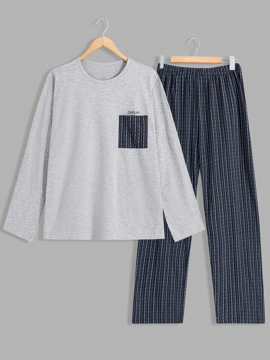 RueChic Men Stripe Printed With Pocket Regular Longsleeve Homewear Set - Black - View 1