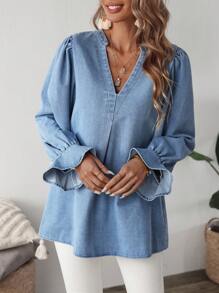 SHEIN LUNE Women's V-Neck Long Sleeve Casual Denim Top - Blue - View 3