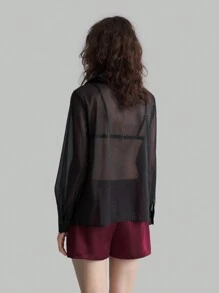 Ontre 黑色褶饰领半透明修身办公室优雅女士衬衫简约设计优雅 - 黑色 - 查看 2