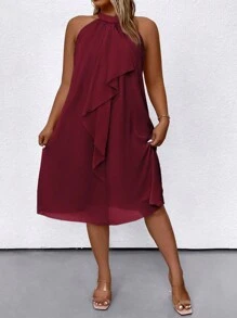 SHEIN Clasi 大码女式夏季纯色荷叶边下摆露背连衣裙酒红色女装 - 酒紅色 - 查看 4
