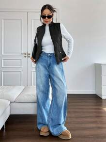 Muchica 女士纯色立领加垫背心 - 黑色 - 查看 5