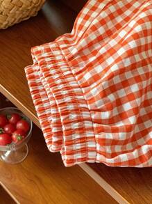 Comfortcana Plus Size Pink Plaid Bow Decor Casual Shorts, Suitable For Spring/Summer - Orange - View 6