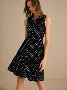 Poéselle 黑色波尔卡圆点连衣裙，优雅衬衫裙，女士波尔卡圆点印花单排扣无袖休闲衬衫迷你连衣裙，秋季连衣裙，复古波尔卡圆点连衣裙，连衣裙，适合日常街头通勤度假家居服，商务休闲女士