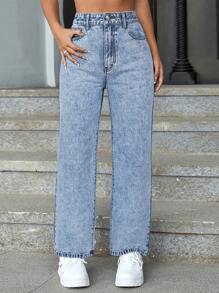 SHEIN EZwear 夏季高腰直筒牛仔裤 - 藍色 - 查看 1