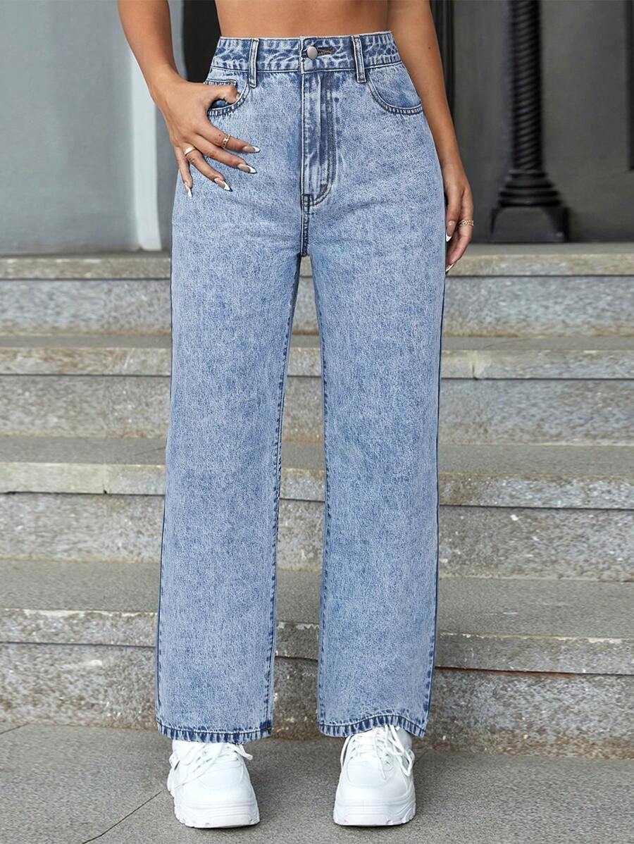 SHEIN EZwear 夏季高腰直筒牛仔裤 - 藍色 - 查看 1