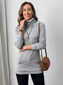 EMERY ROSE 女士纯色长袖休闲纽扣运动衫 - 灰色 - 查看 5