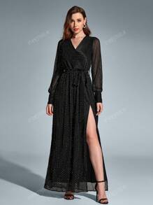 PARTHEA V-Neck Side Split Tie Ruched Round Dot Long Dress