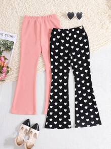 SHEIN Leap Crew 2 件套 Tween 女童都市时尚休闲针织喇叭裤套装 - 藕粉色 - 查看 6