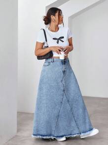 SHEIN EZwear 大码休闲牛仔裙，带蝴蝶结装饰和口袋 - 淺色水洗藍 - 查看 5