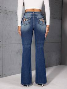 SHEIN LUNE Jeans amples décontractés pour femmes avec broderie croisée et déchirures
