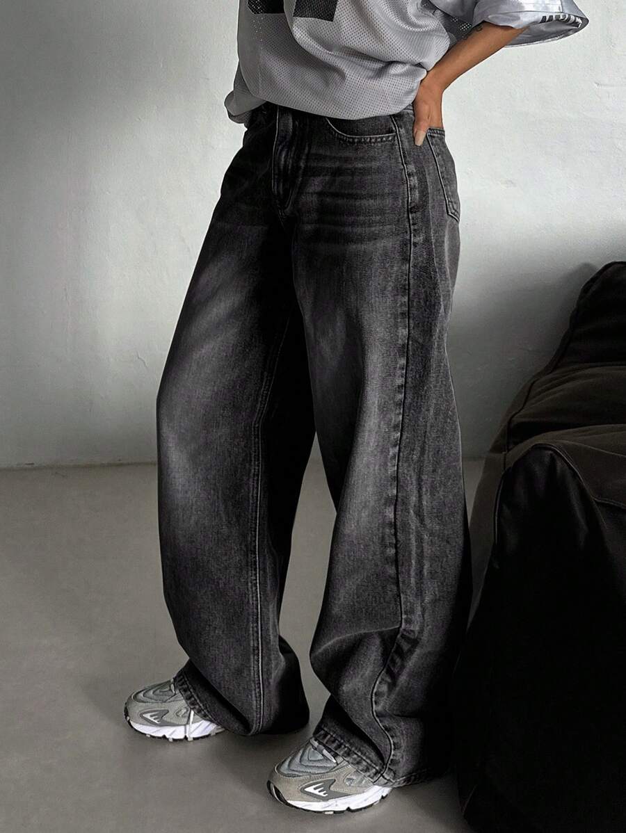 DAZY Quần Jeans Denim Ống Rộng Túi Rộng Cho Nữ, Quần Jeans Rộng Thùng Thình - Xám - Xem 1