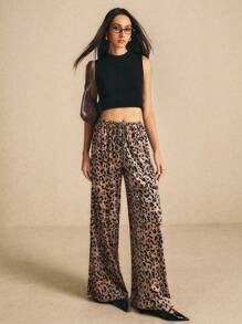 Poéselle Pantalones casuales de mujer con estampado de leopardo y anudado delantero, pantalones palazzo